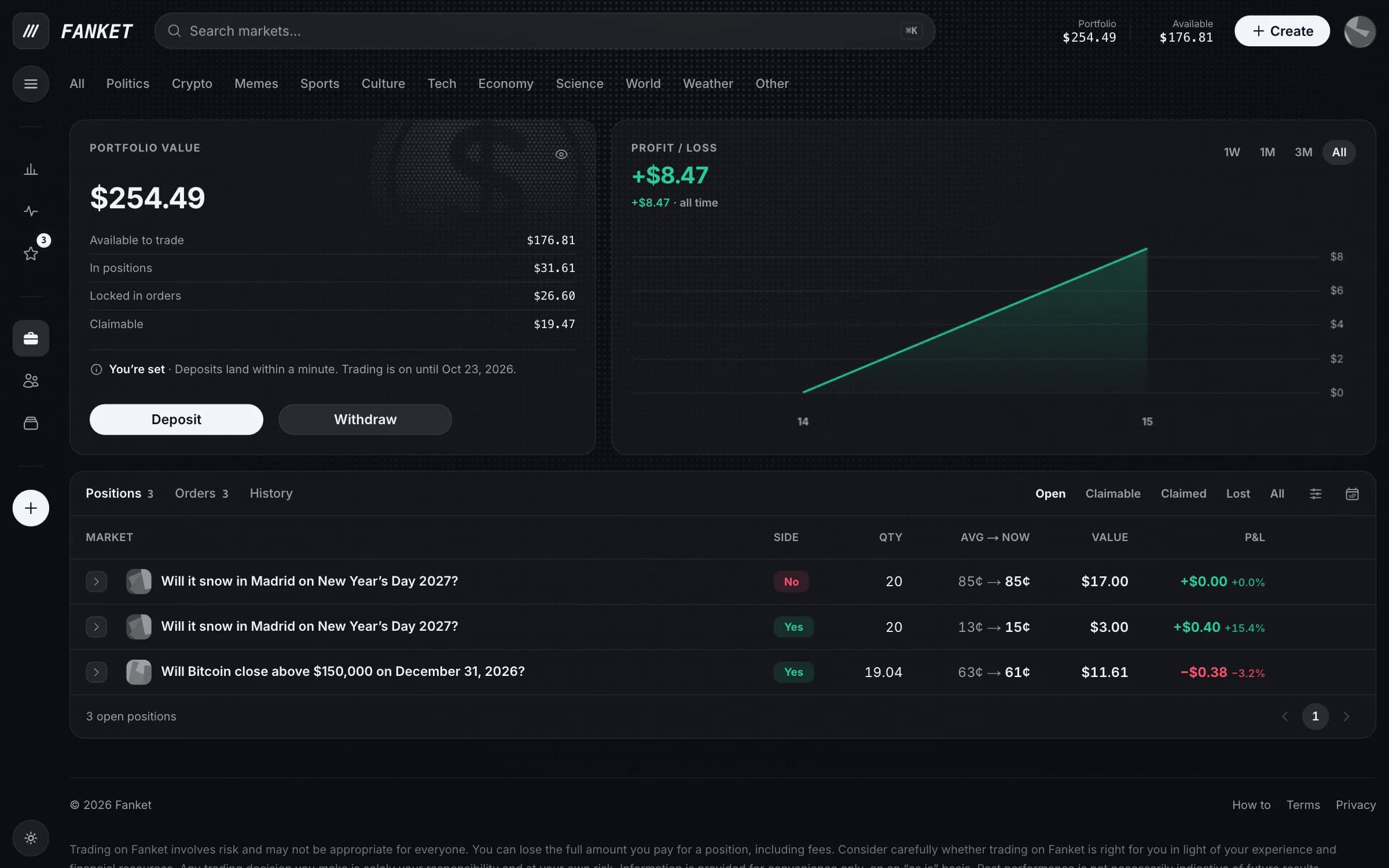 Your bet waits in Portfolio — sell it any time before the close.